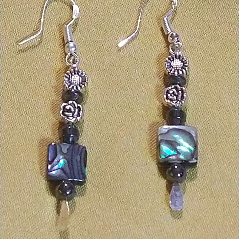 NWT-99.9 STERLING SILVER/  ABALONE & HEMATITE. HYPOALLERGENIC EARRINGS.